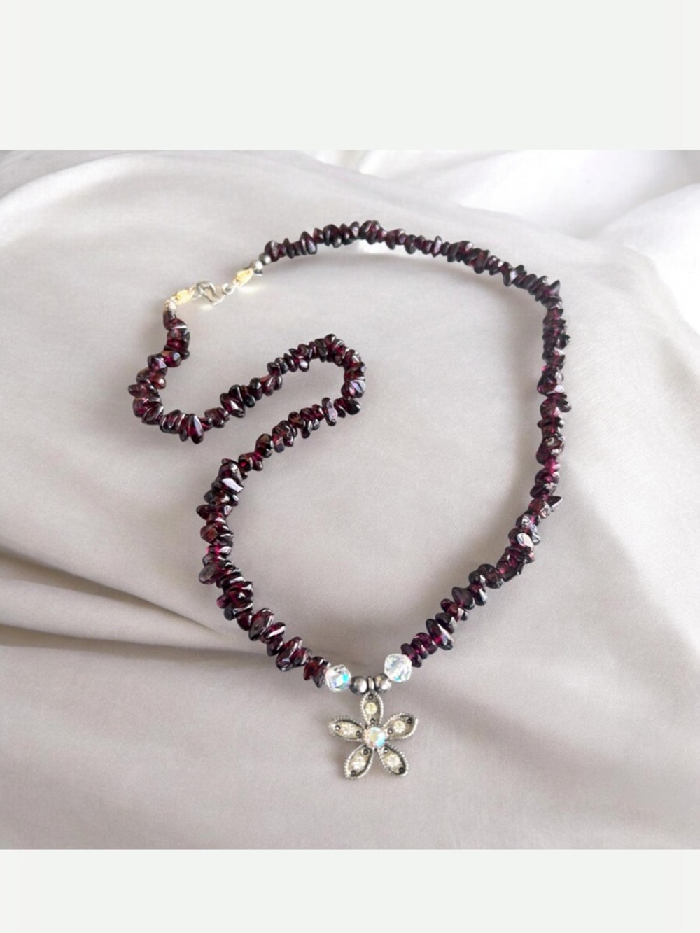 Vintage Genuine Garnet AB Crystal Beaded Necklace with Crystal Flower Pendant